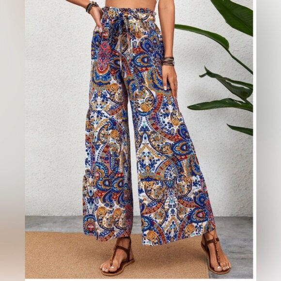 None Pants - Paisley Print Belted Ruffle Wide Leg Pants